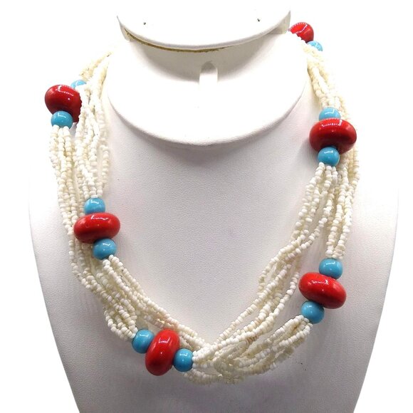 White Seed Beads Necklace with Glazed Ceramic Beads in Red and Blue, Patriotic - Picture 2 of 4